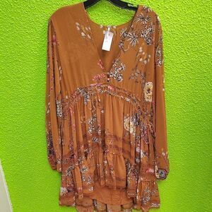 Free People Brown and Orange Relaxed Ruffled Blouse